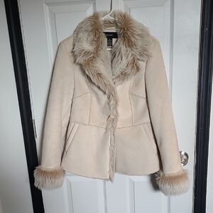 Alfani Cream Colored Faux Suede Jacket with Faux Fur Trim